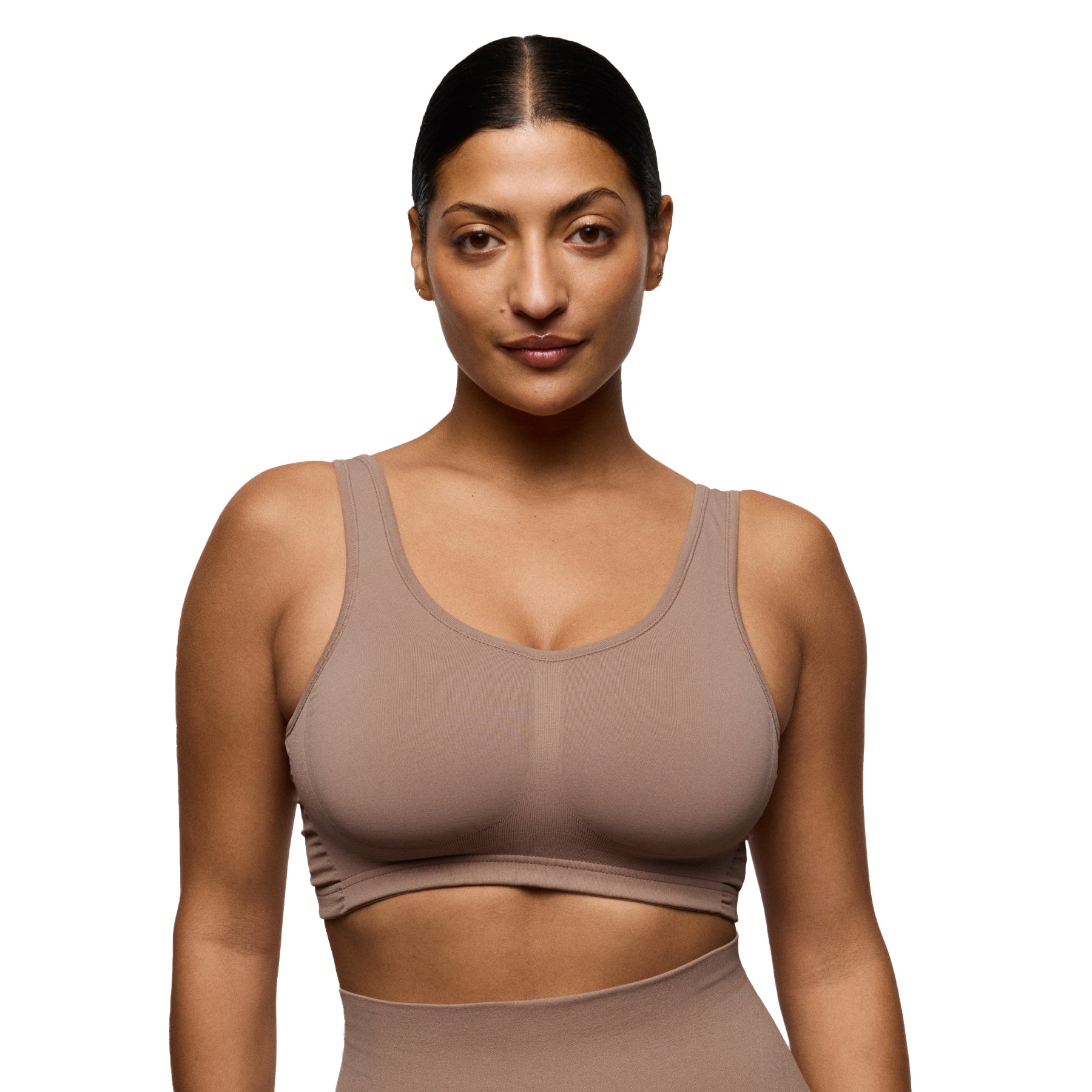 Front-facing model in mocha seamless bra and high-rise shaping brief set