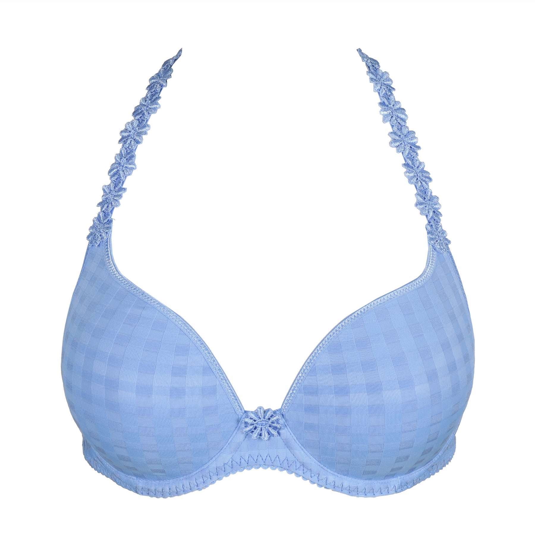 A flat layout of a blue checked bra on the white background with the embroidery. 