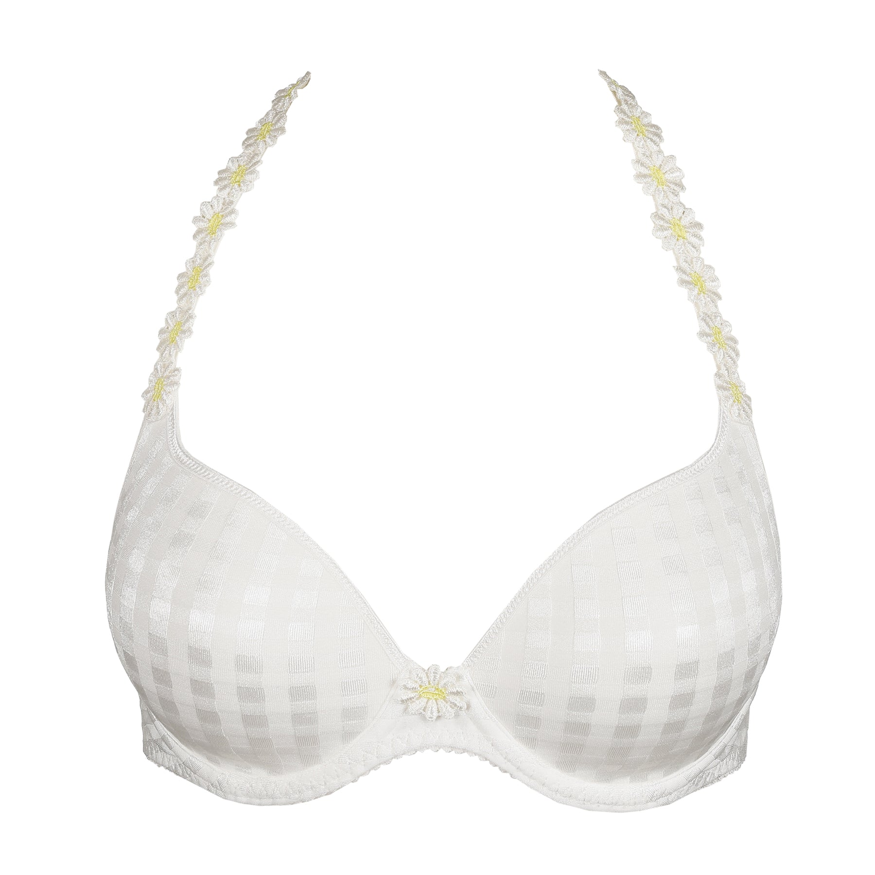 Product-only image of an ivory underwire bra featuring smooth moulded cups, a subtle check pattern, and floral-embroidered straps.