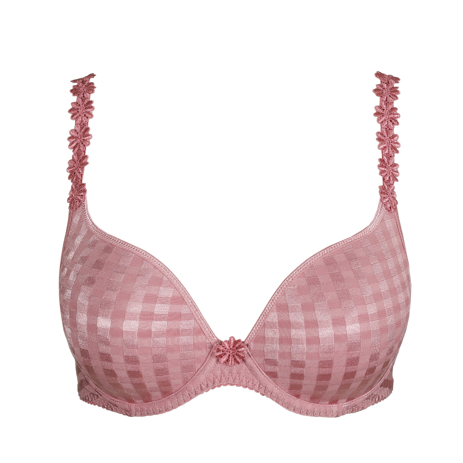 Pink plunge bra with smooth moulded cups and checkered texture on white background