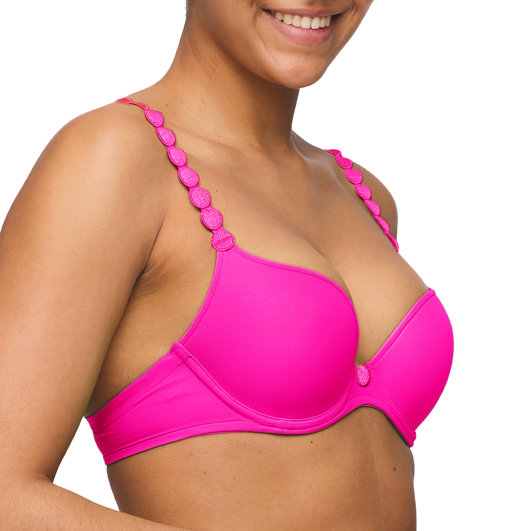 Side view of influencer pink padded bra showing smooth microfiber fabric and supportive underwire fit