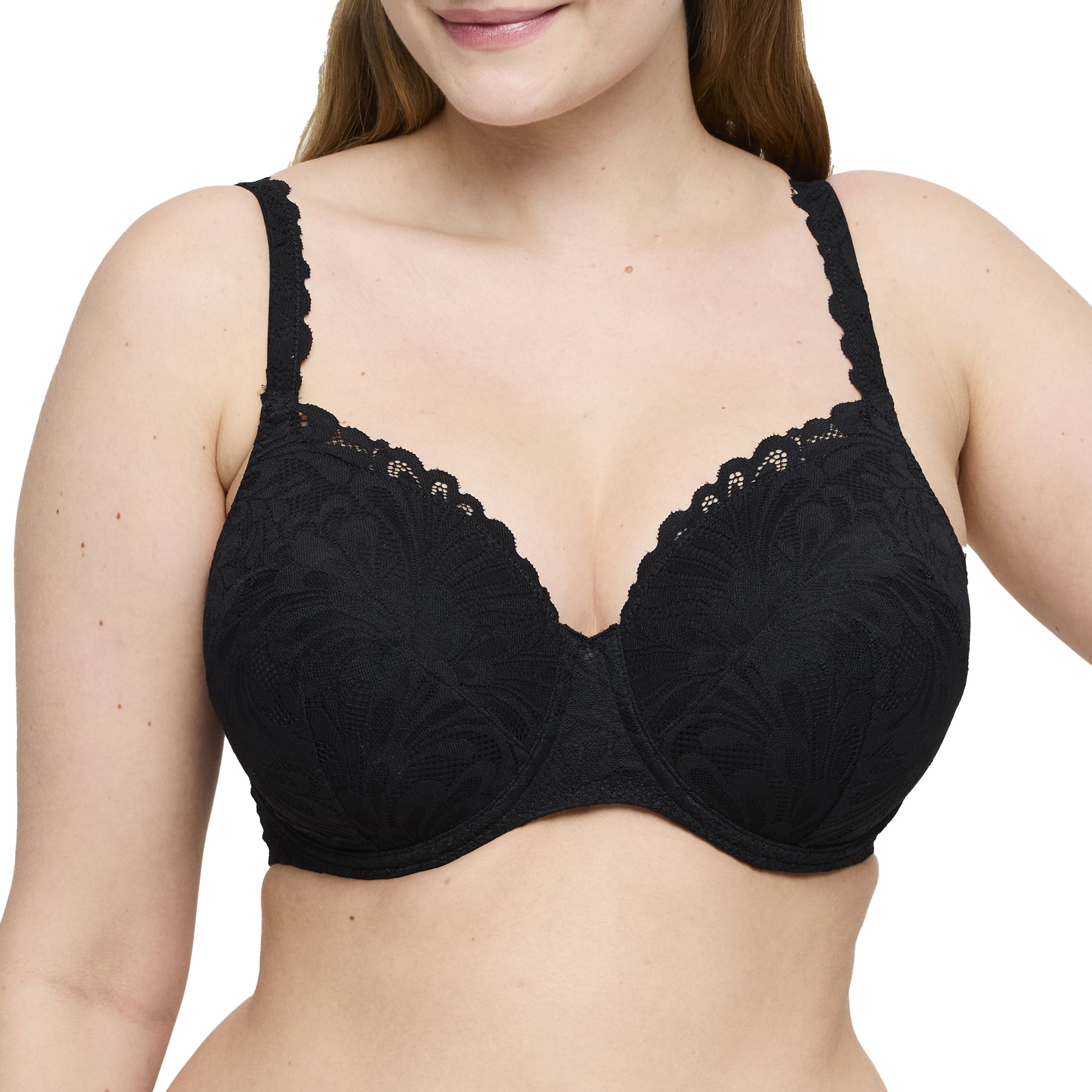 Front view of black lace bra with supportive underwire cups and scalloped neckline