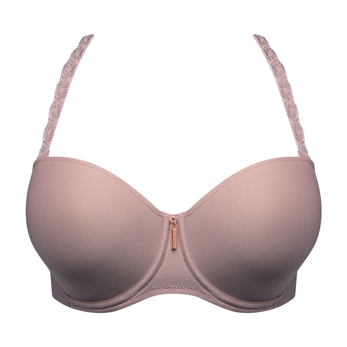 Front view of Strapless Twist bra in Cosmetic with smooth molded cups and decorative lace straps.