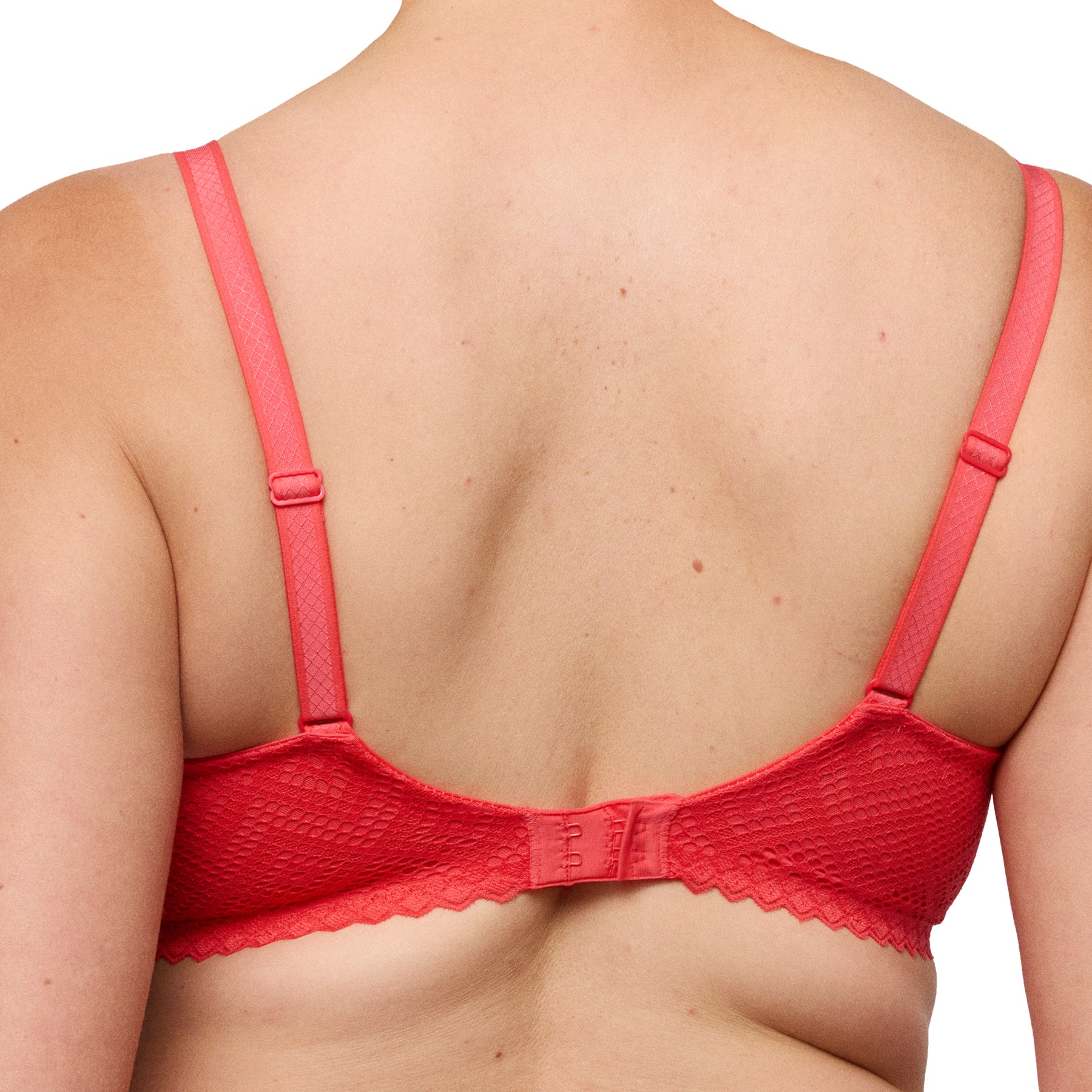 Back view of a coral bra on model, featuring lace back band, adjustable straps, and hook-and-eye closure.