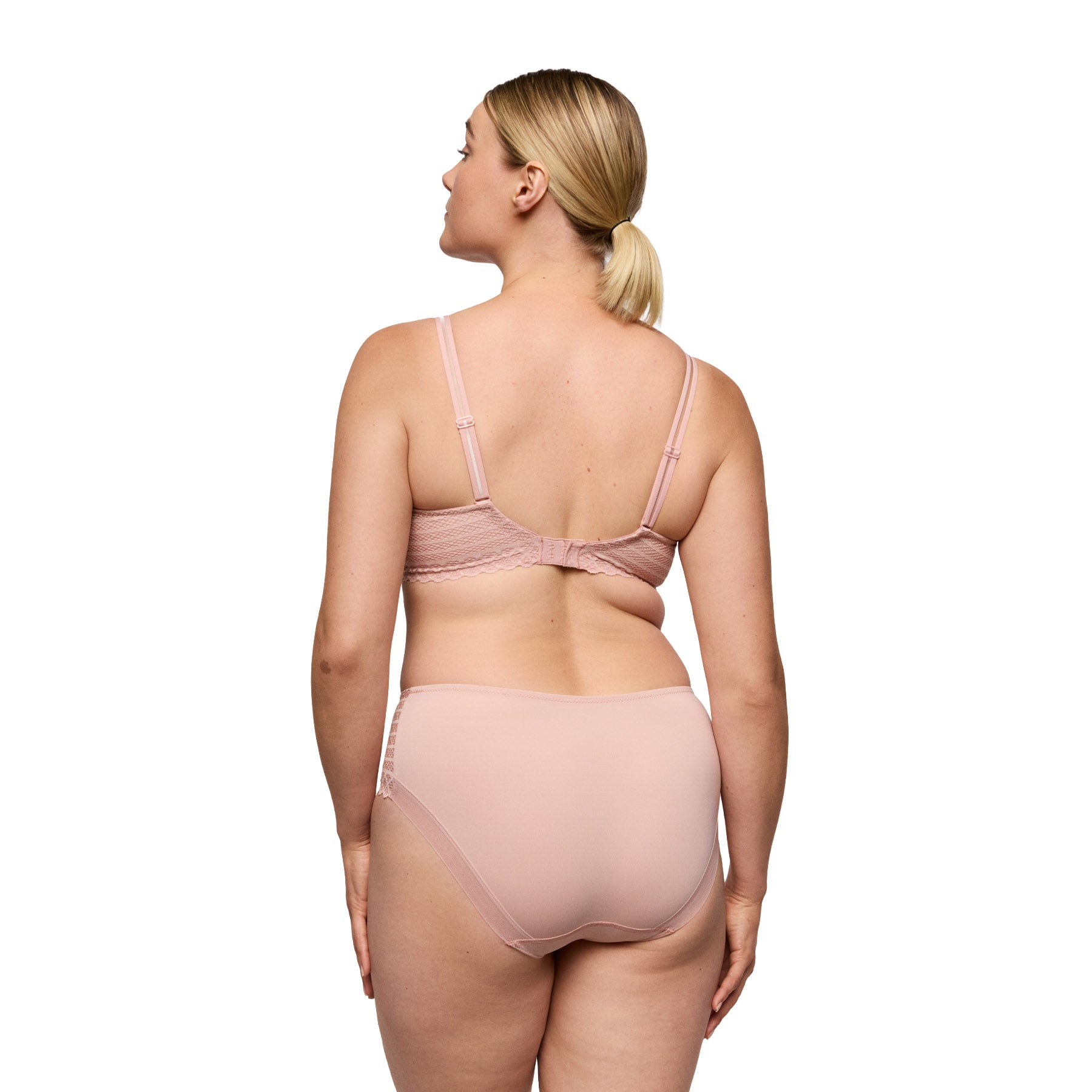 Back view of powder rose seamless T-shirt bra with delicate lace back band and matching full brief.