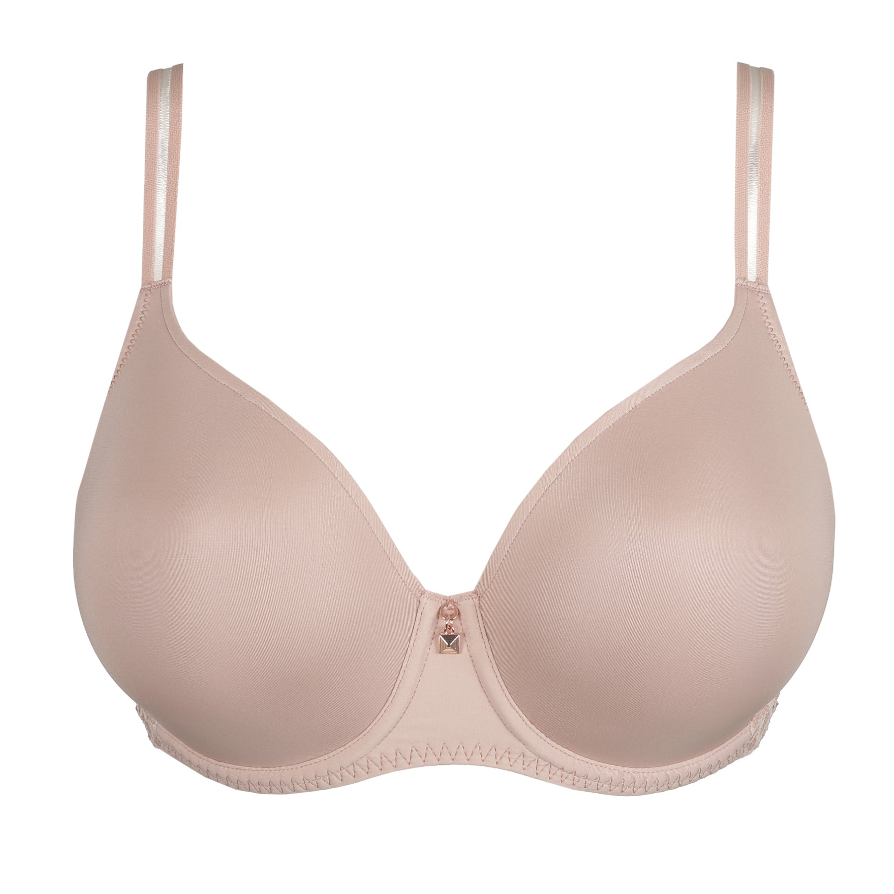 Front view of powder rose seamless underwire bra with molded cups and elegant minimalist design.