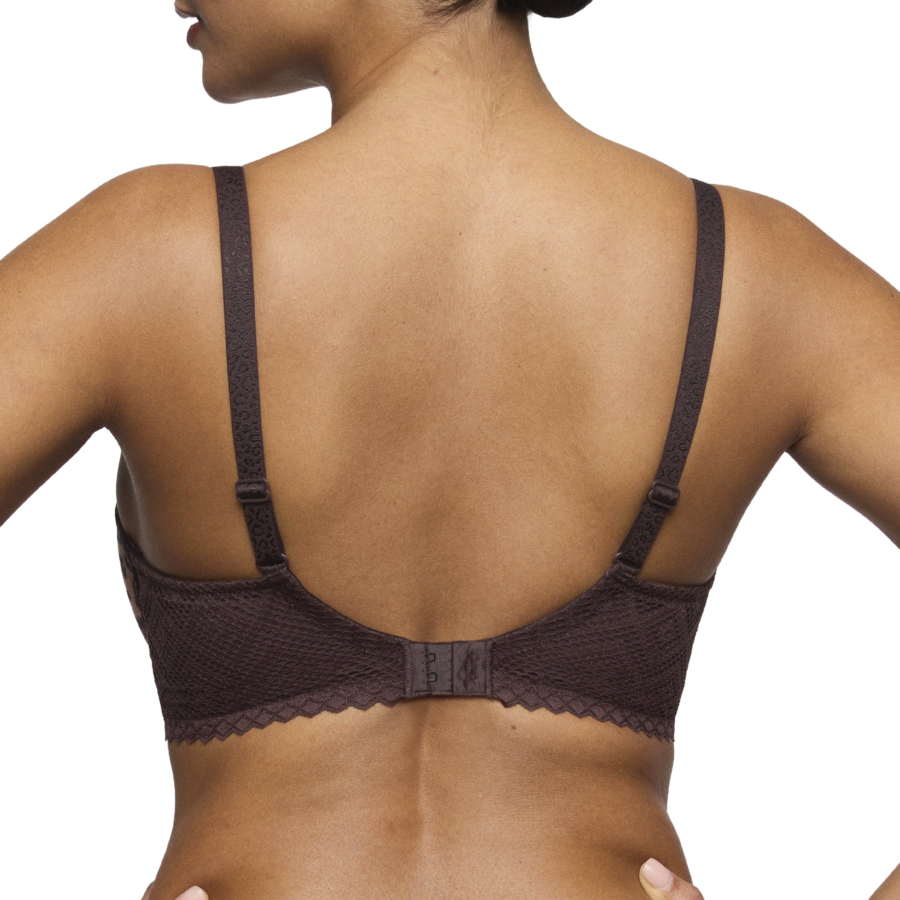 Model wearing a leopard print underwire bra with brown lace back band, adjustable straps and hook-and-eye closure.