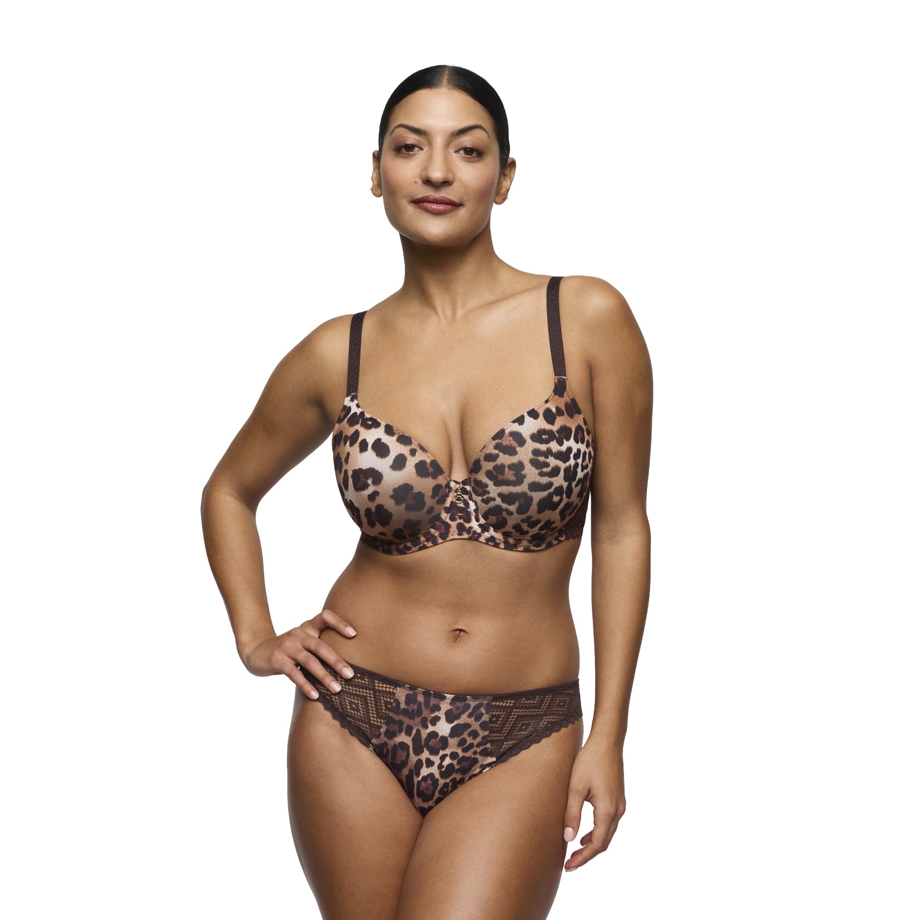 Model wearing a leopard print underwire bra with matching lace-trim brief on a white background.