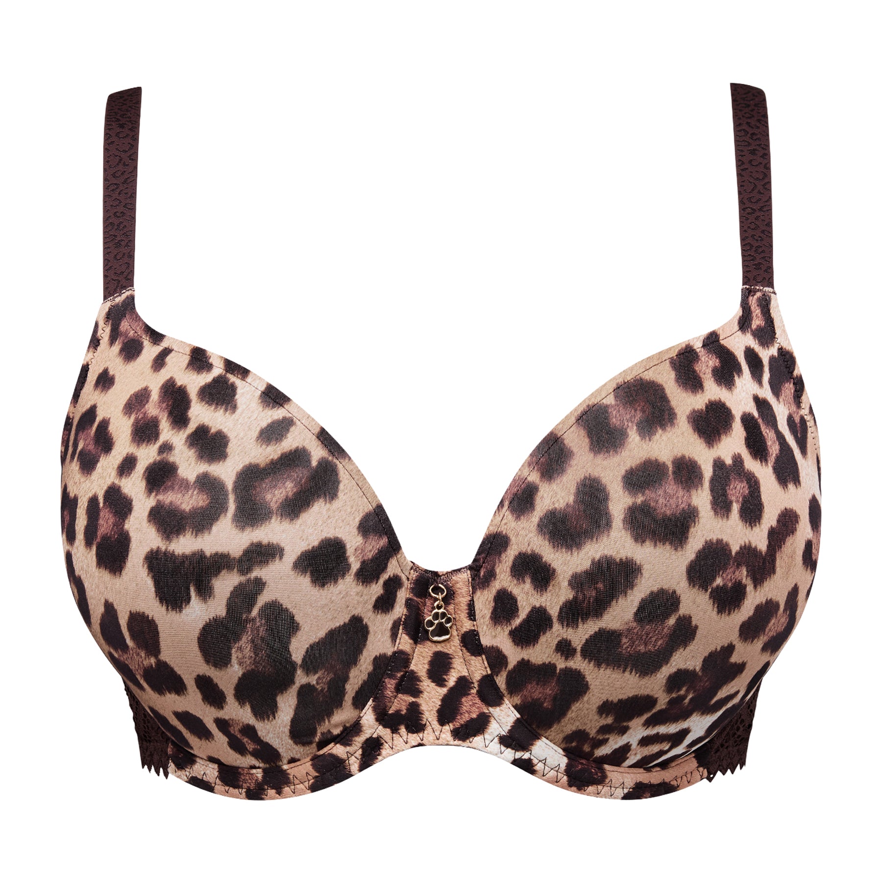 Leopard print underwire bra with smooth moulded cups, brown patterned straps and gold-tone charm at the centre.