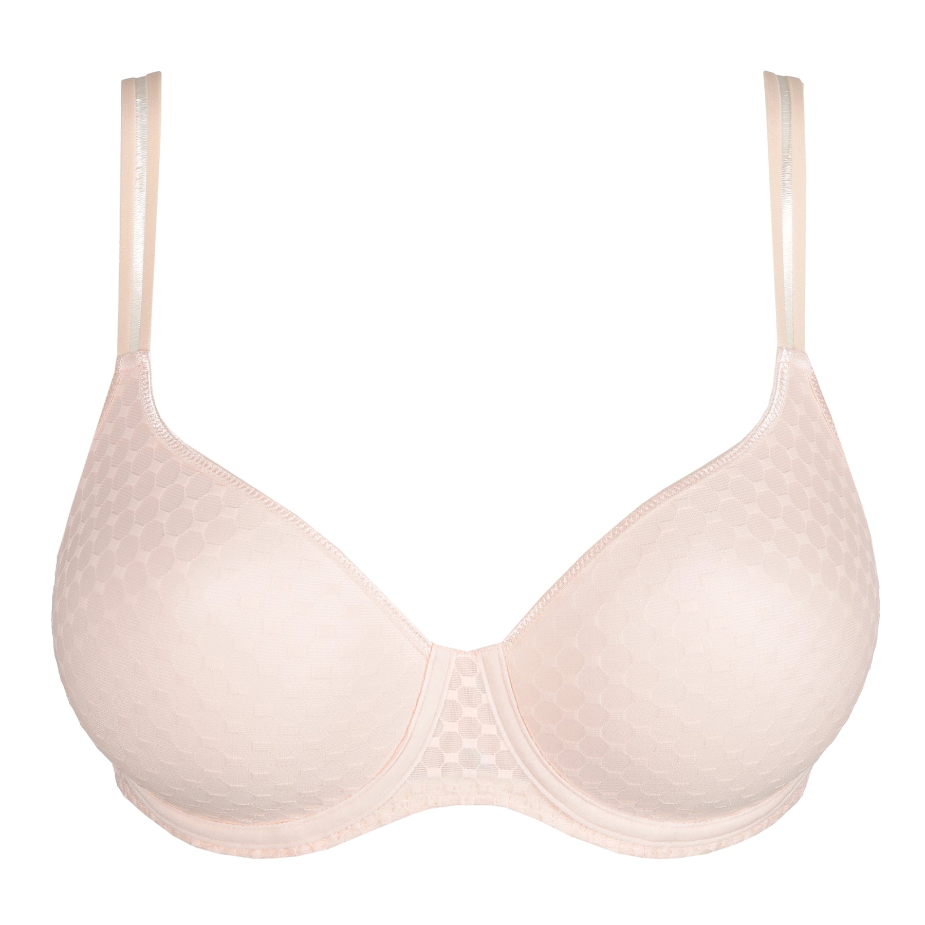 Front-facing image of a blush molded cup bra on a white background, featuring smooth, seamless cups and a tonal geometric mesh pattern.