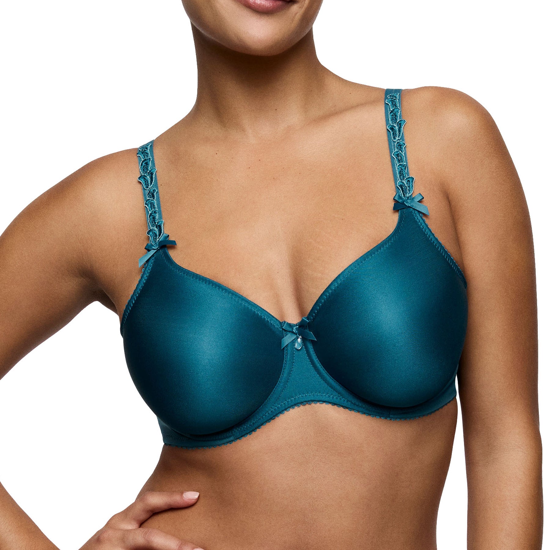 Close-up of PrimaDonna Seamless Deauville full cup bra in Peacock blue with smooth seamless cups and embroidered straps
