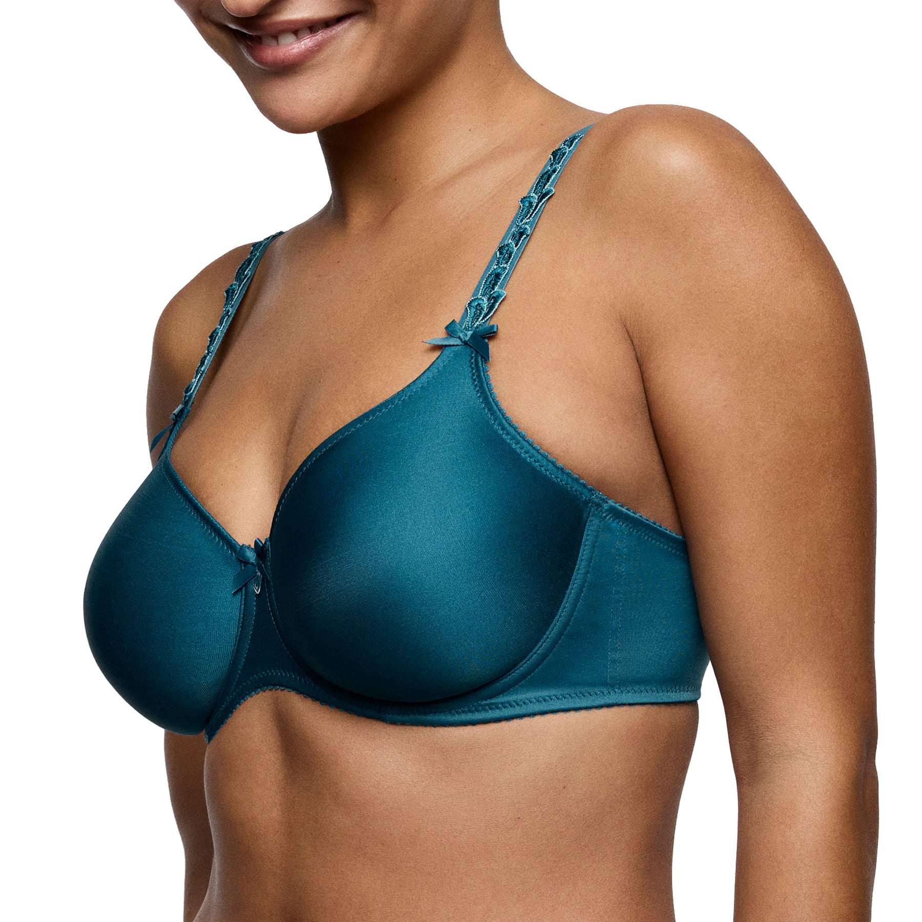 PrimaDonna Seamless Deauville full cup bra in Peacock blue, angled view highlighting seamless cups and supportive fit