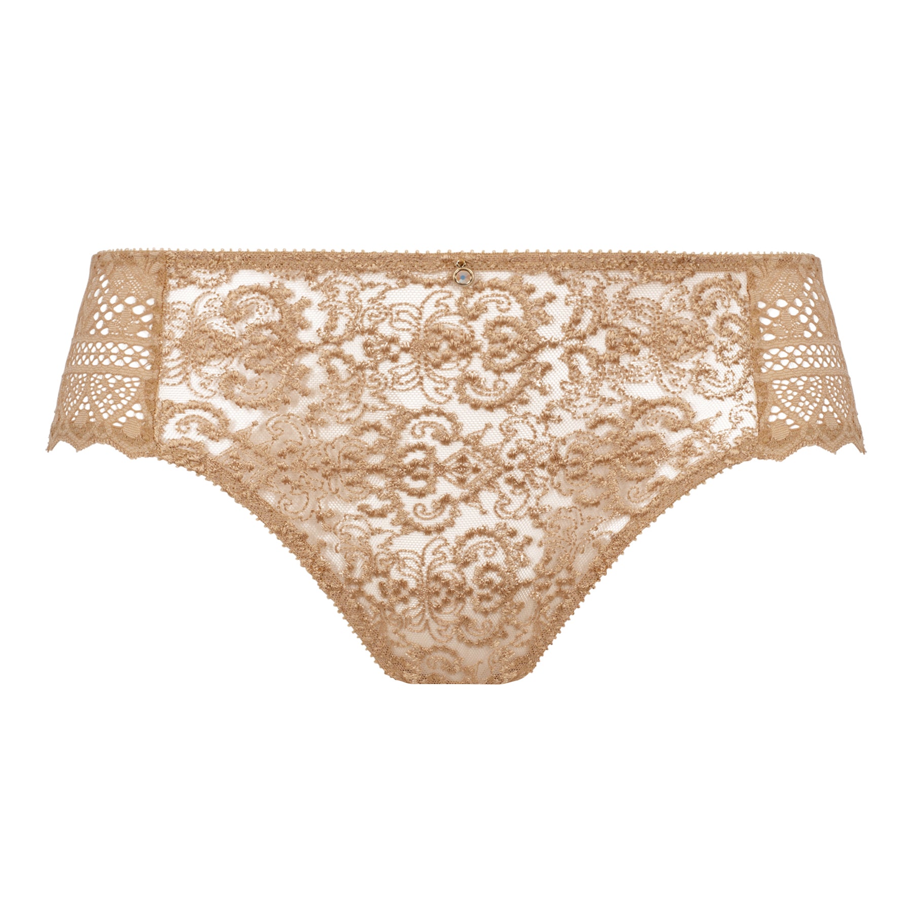 Empreinte Cassiopée Bikini Brief in Gold with intricate embroidered lace, delicate scalloped edges, and decorative lace side inserts for an elegant finish.
