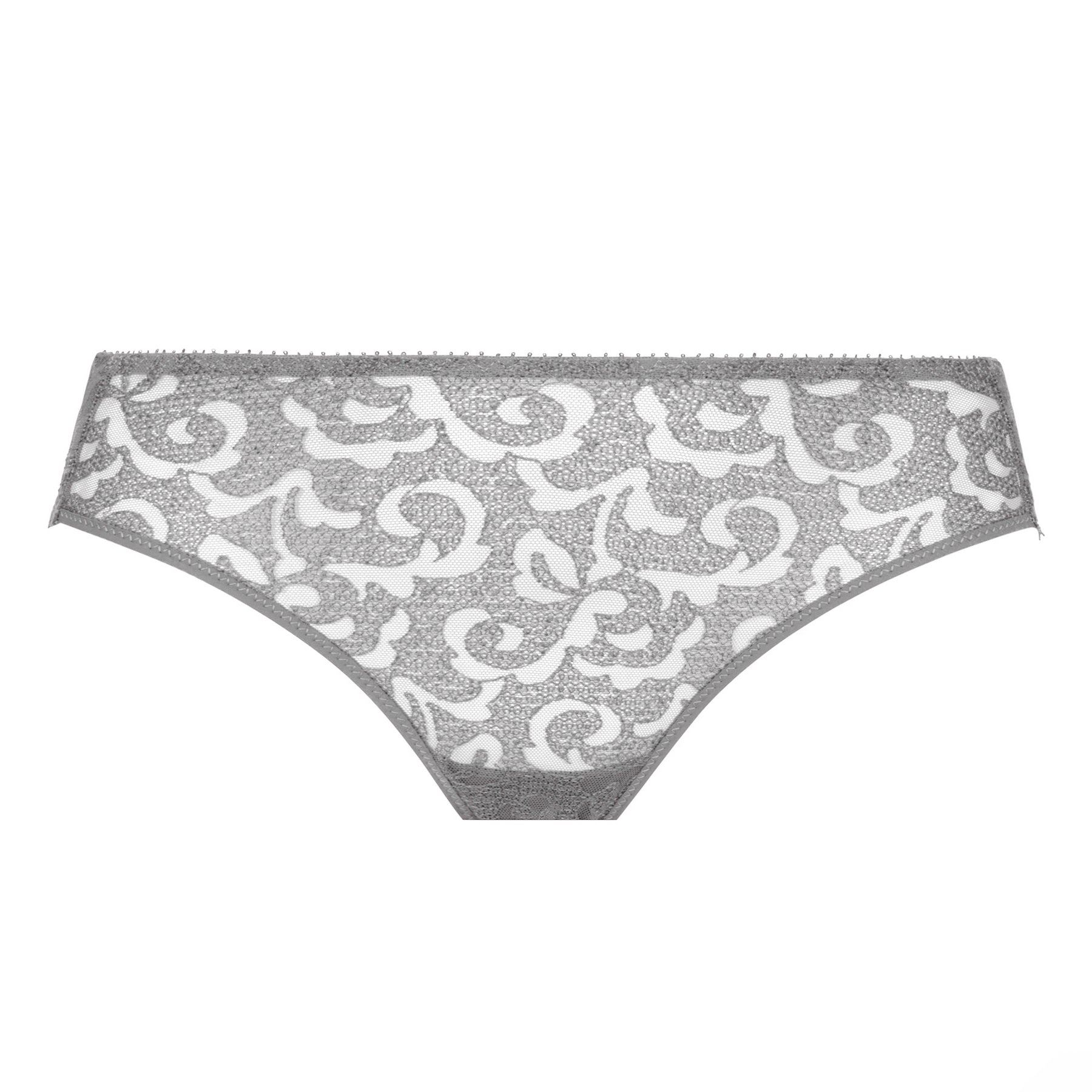 Flat lay front view of the Empreinte Leia bikini brief in Platinum featuring an elegant floral lace front, mid-rise design, soft stretch fabric, and refined French lingerie detailing.