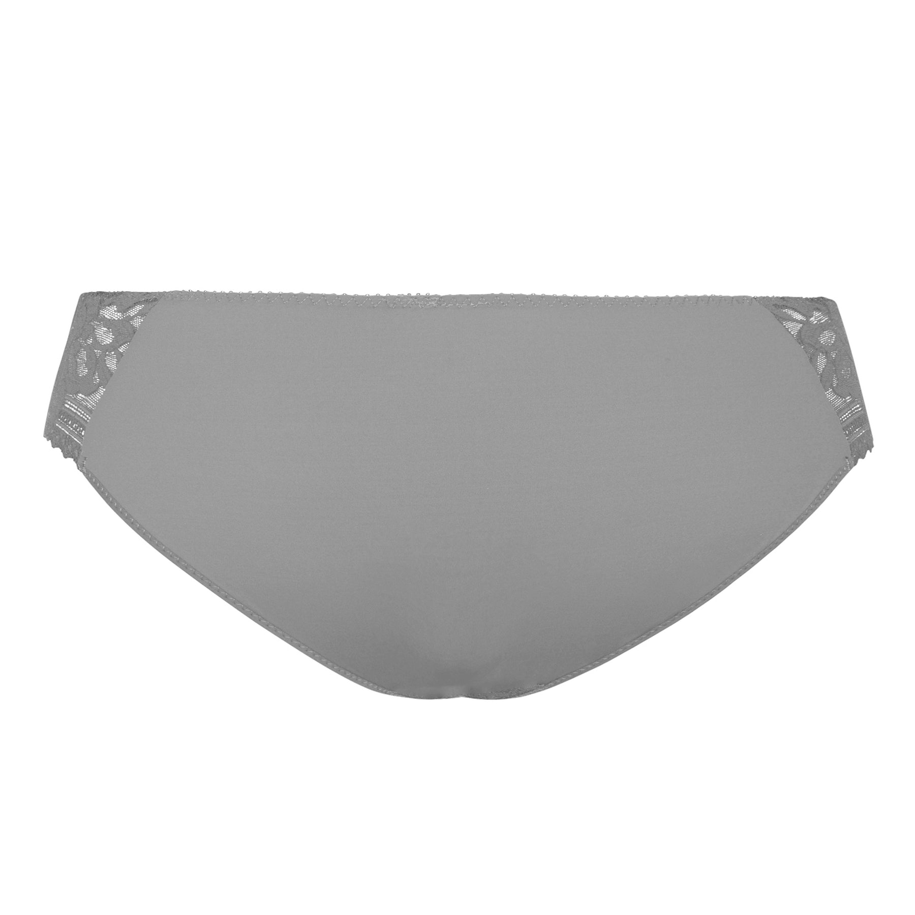 Flat lay back view of the Empreinte Leia bikini brief in Platinum showcasing a smooth opaque back panel, delicate lace side accents, moderate coverage, and luxurious everyday comfort.