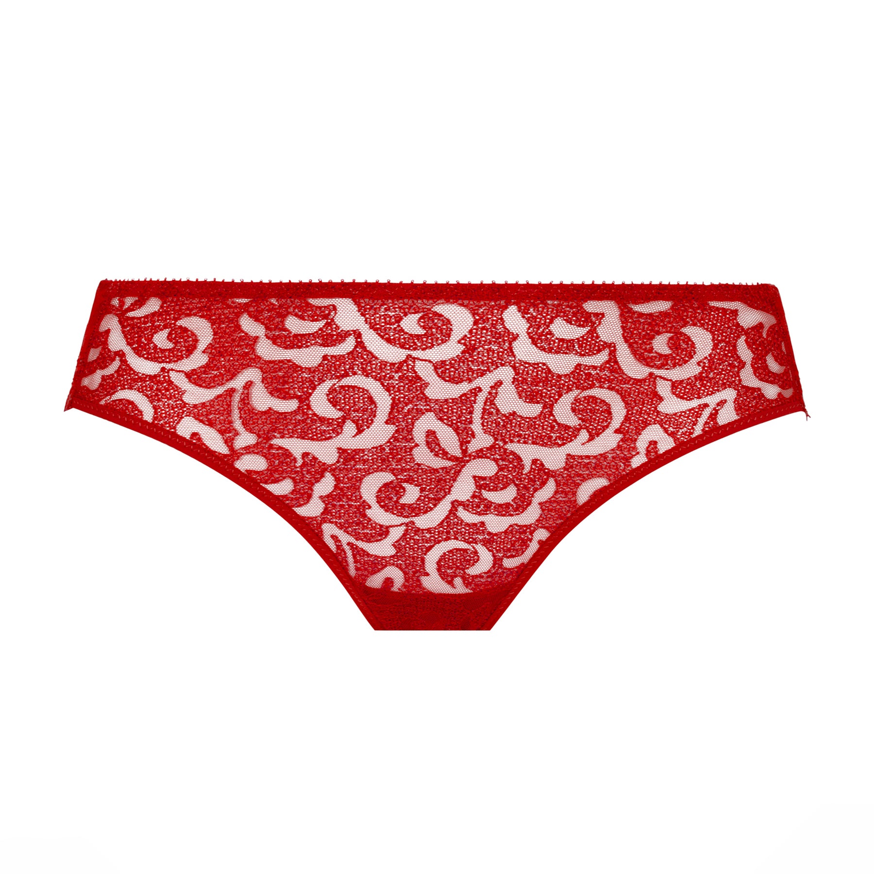 Red lace front brief with sheer floral pattern and soft stretch fabric