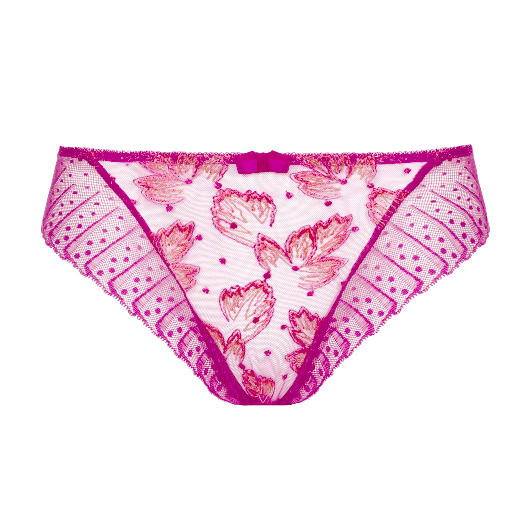 Magenta embroidered panty laid flat, featuring leaf motifs, dotted mesh panels, and lace trim.