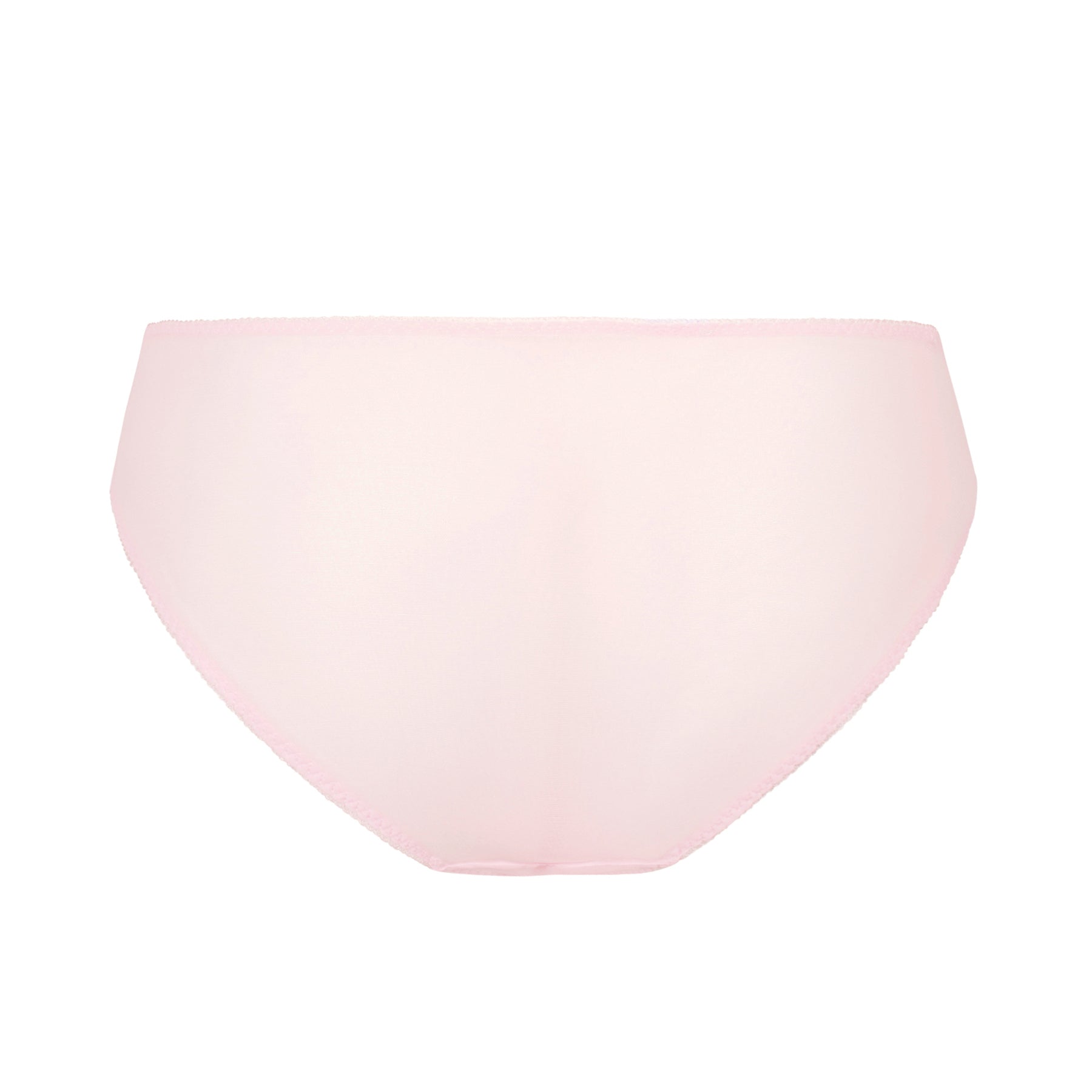 Back view of blush pink bikini briefs with smooth semi-sheer mesh fabric and seamless finish.