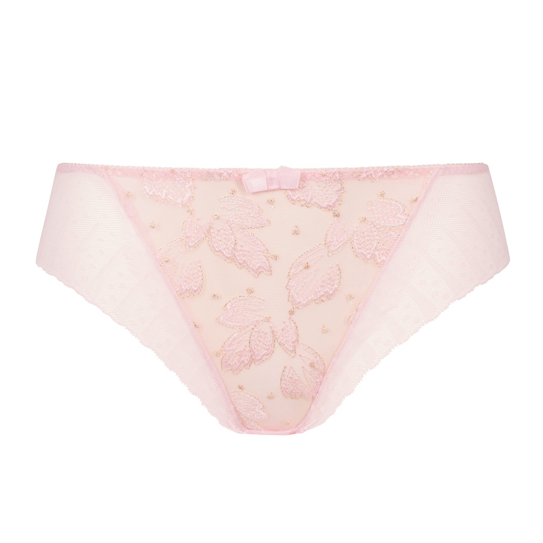 Front view of blush pink bikini briefs with floral embroidery, sheer mesh panels, and delicate bow detail.