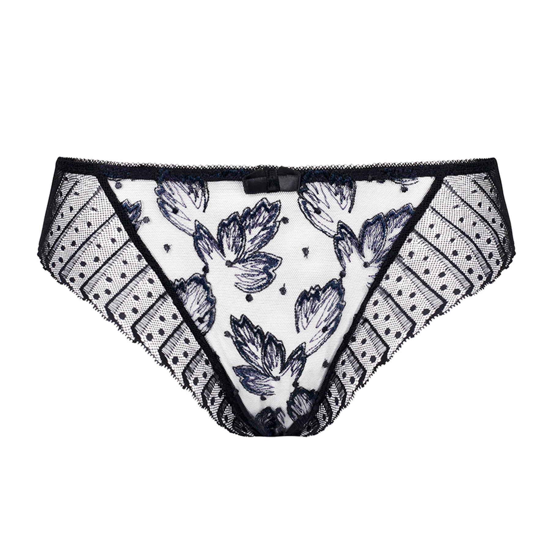Black bikini brief with blue floral embroidered mesh front, geometric lace side panels, sheer back, and a feminine satin bow detail.