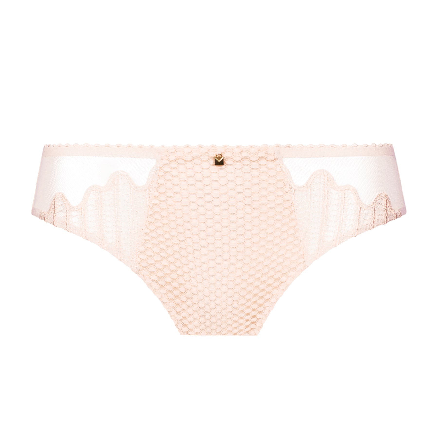 Peach bikini brief with geometric textured front panel, sheer mesh sides, and small gold accent detail