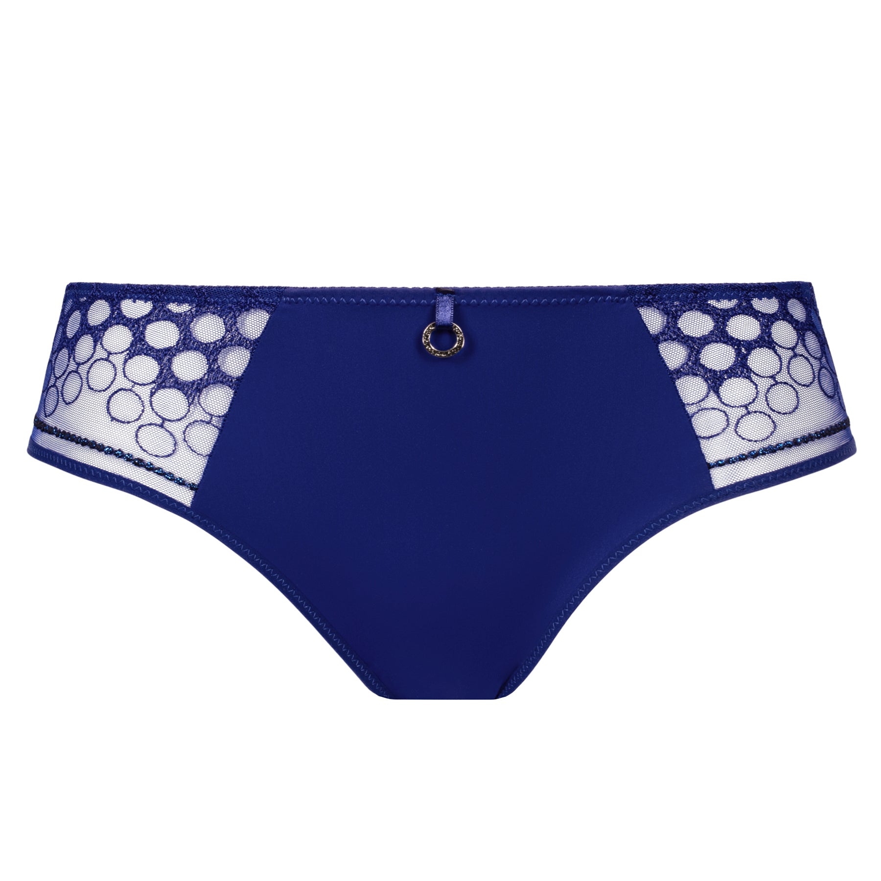 Front view of Empreinte Infinity sapphire blue bikini with elegant embroidered mesh side panels and refined charm detail.