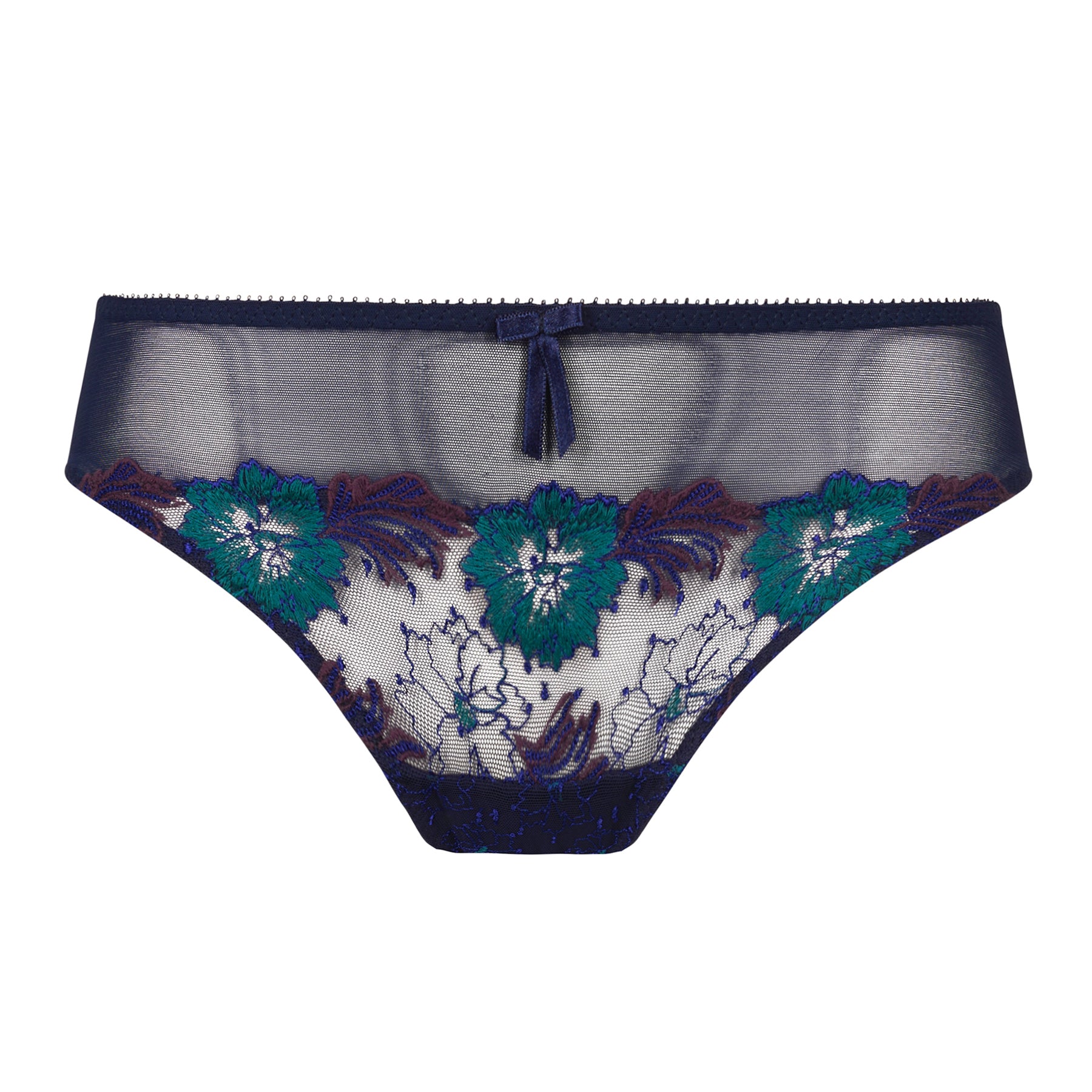 Front product view of the Empreinte Clea Bikini Brief in Mystic Blue with teal and purple floral embroidery and sheer navy mesh.
