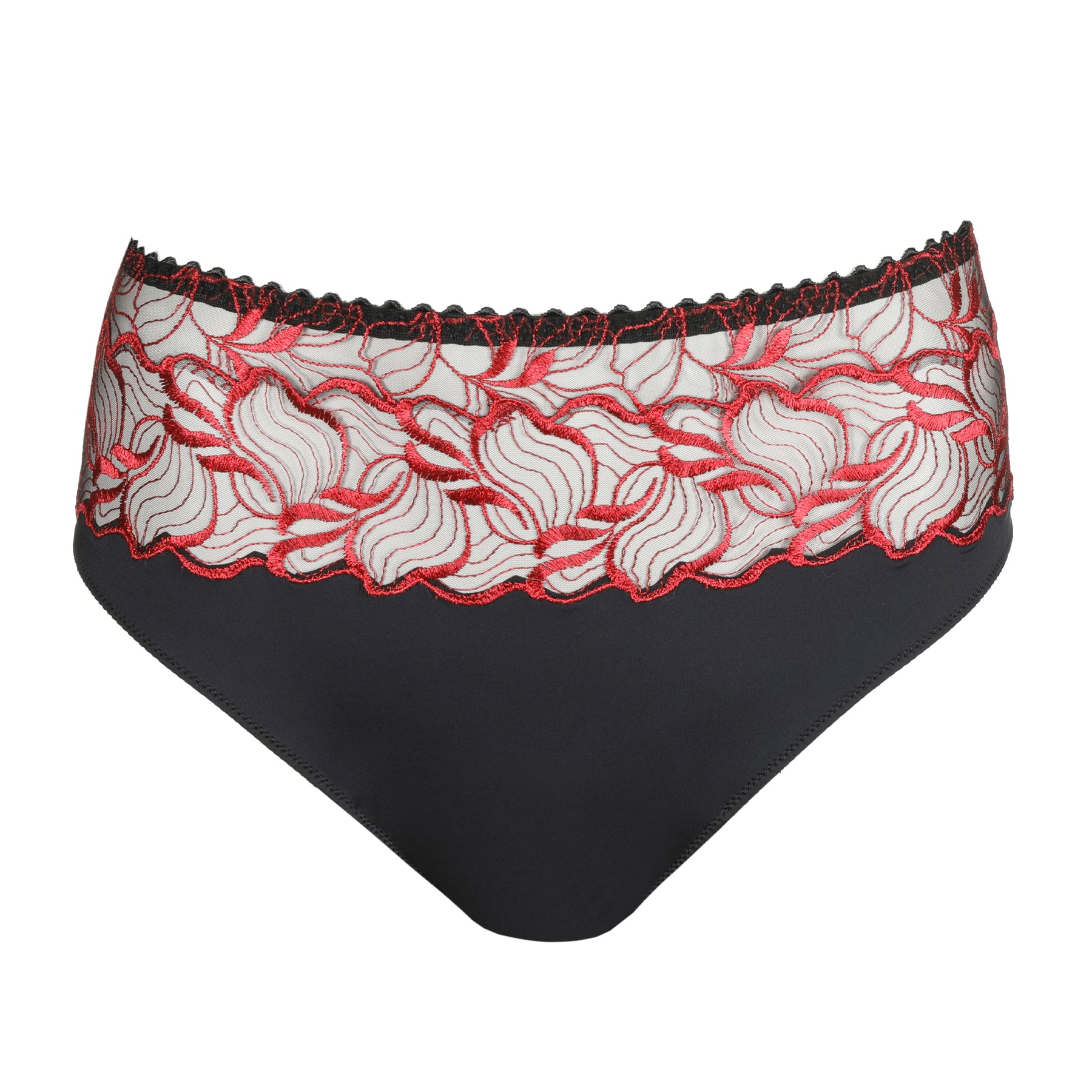 Black high-waist lace brief with red floral embroidery displayed flat on white background.