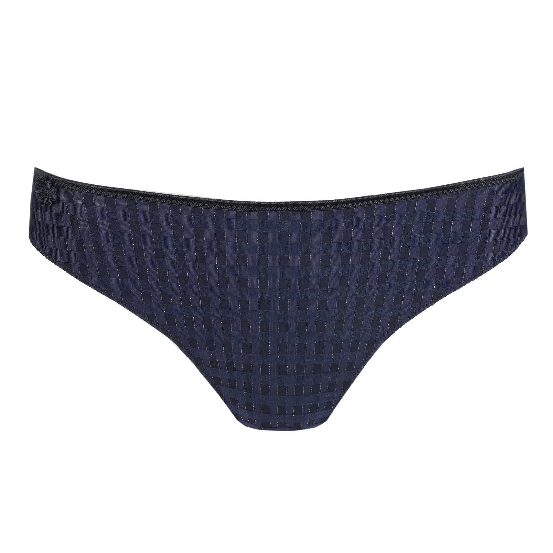Marie Jo Avero Rio Bikini Brief in Velvet Blue with iconic checked pattern, subtle shimmer, and decorative daisy embroidery at the hip.