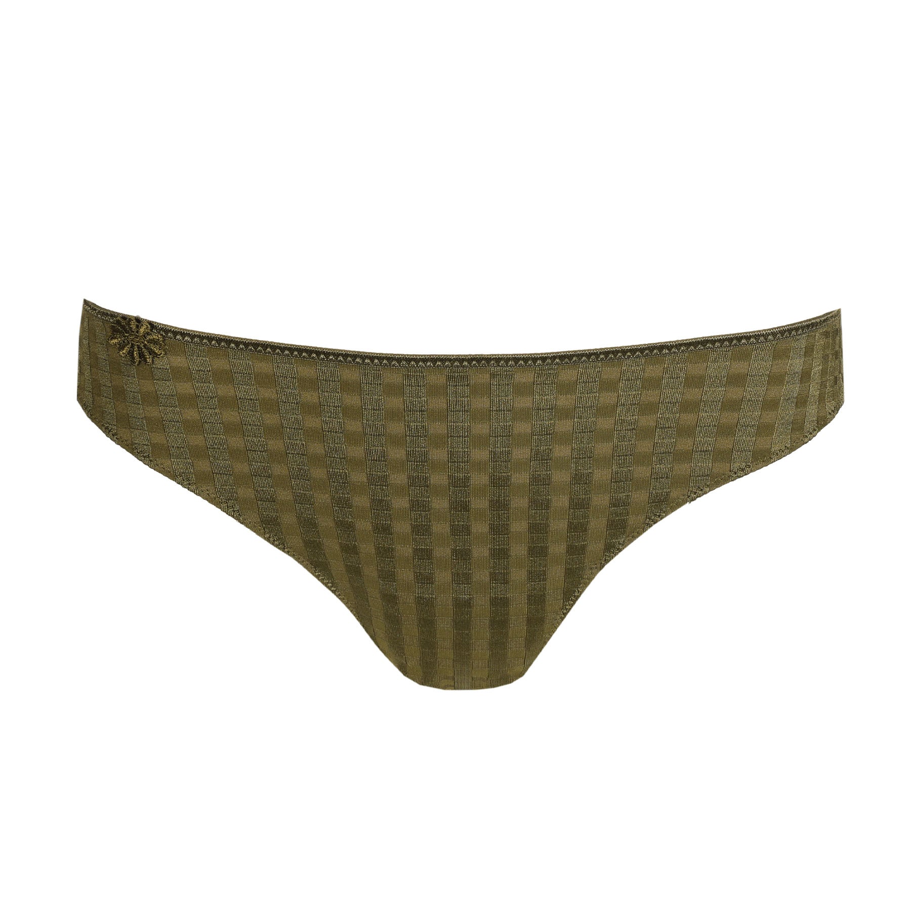 Marie Jo Avero briefs in olive green with signature checkered fabric and delicate floral detail.