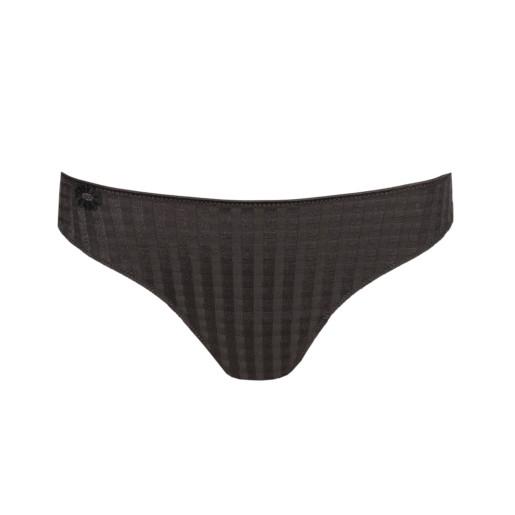 Front view of a check-pattern bikini brief on a white background.