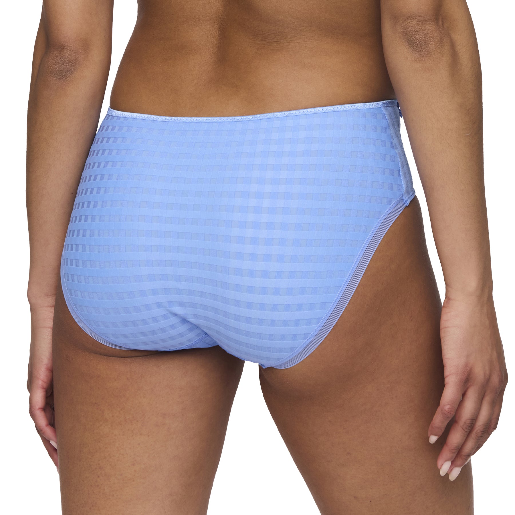 A close look at the back view of blue checked full brief.