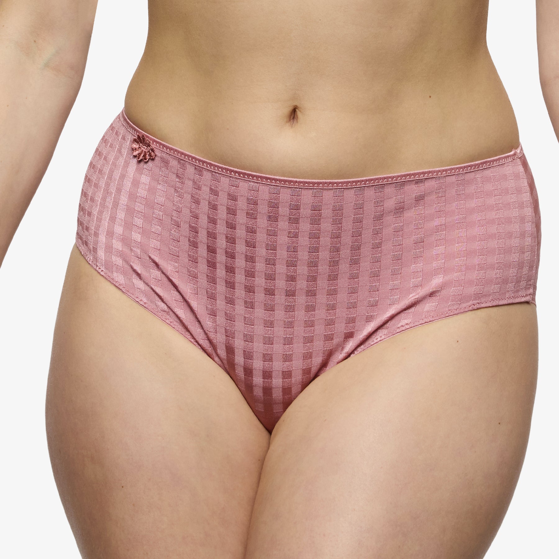 Pink high-waisted brief with checkered texture and smooth stretch fabric on model front view