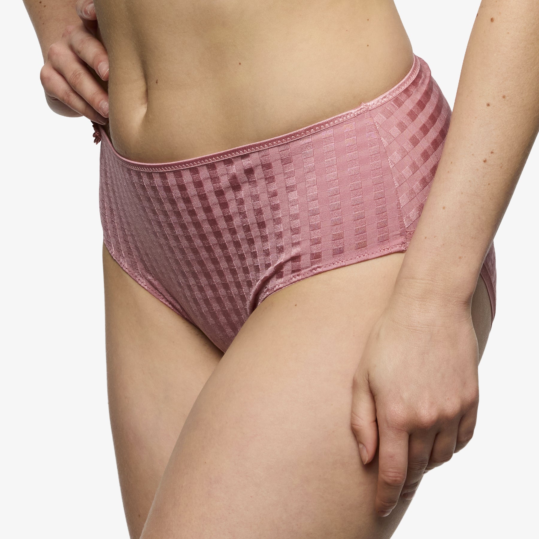 Pink high-waisted brief angled side view with supportive fit and comfortable waistband