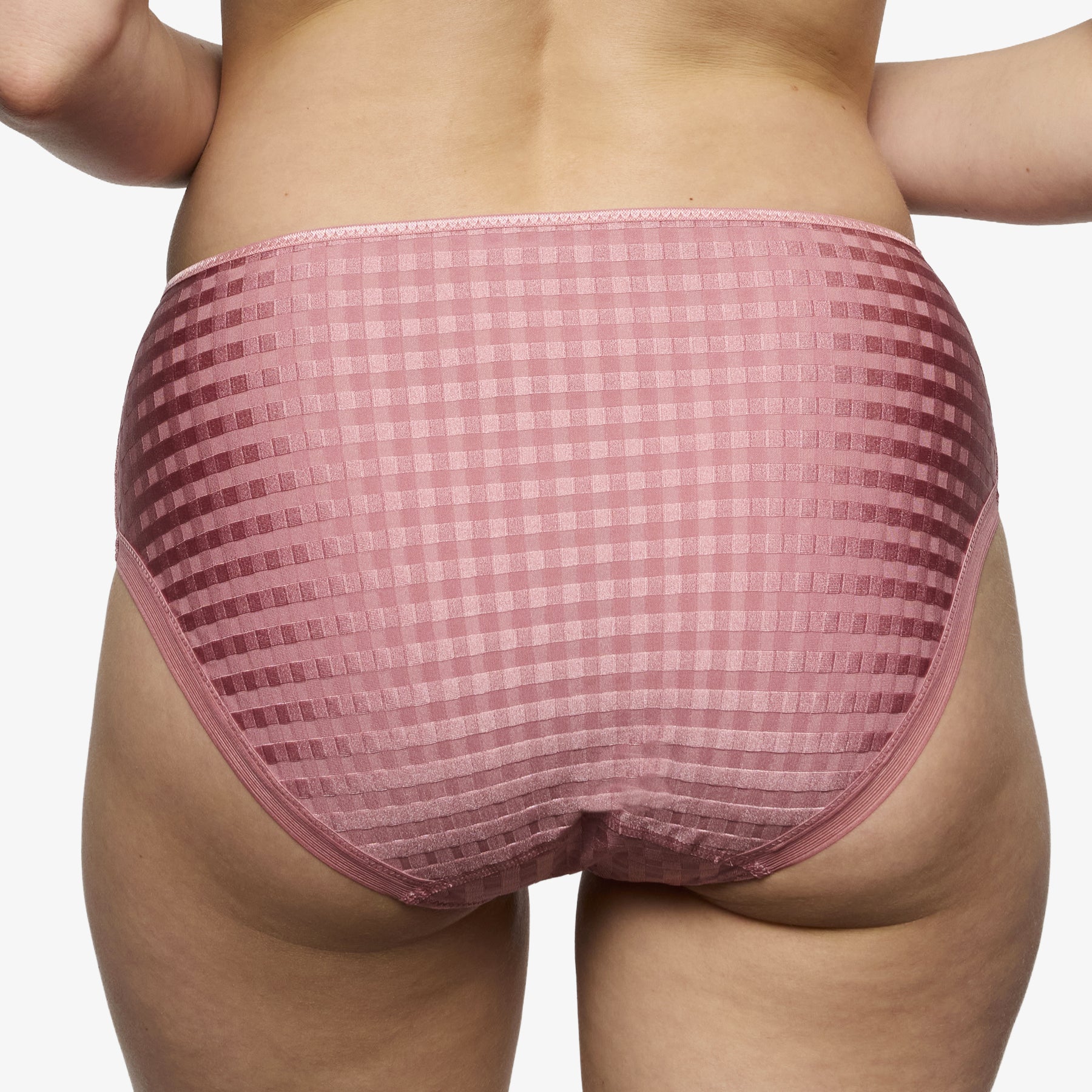 Pink high-waisted brief back view with full coverage and smooth no-show finish
