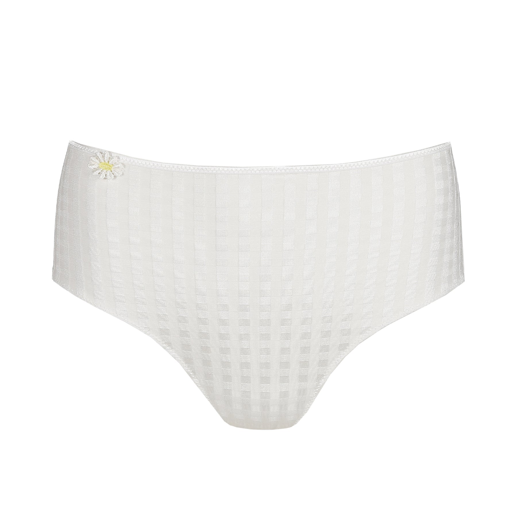 Product-only image of an ivory full brief featuring a subtle check-textured fabric and a small floral appliqué at the waistband.