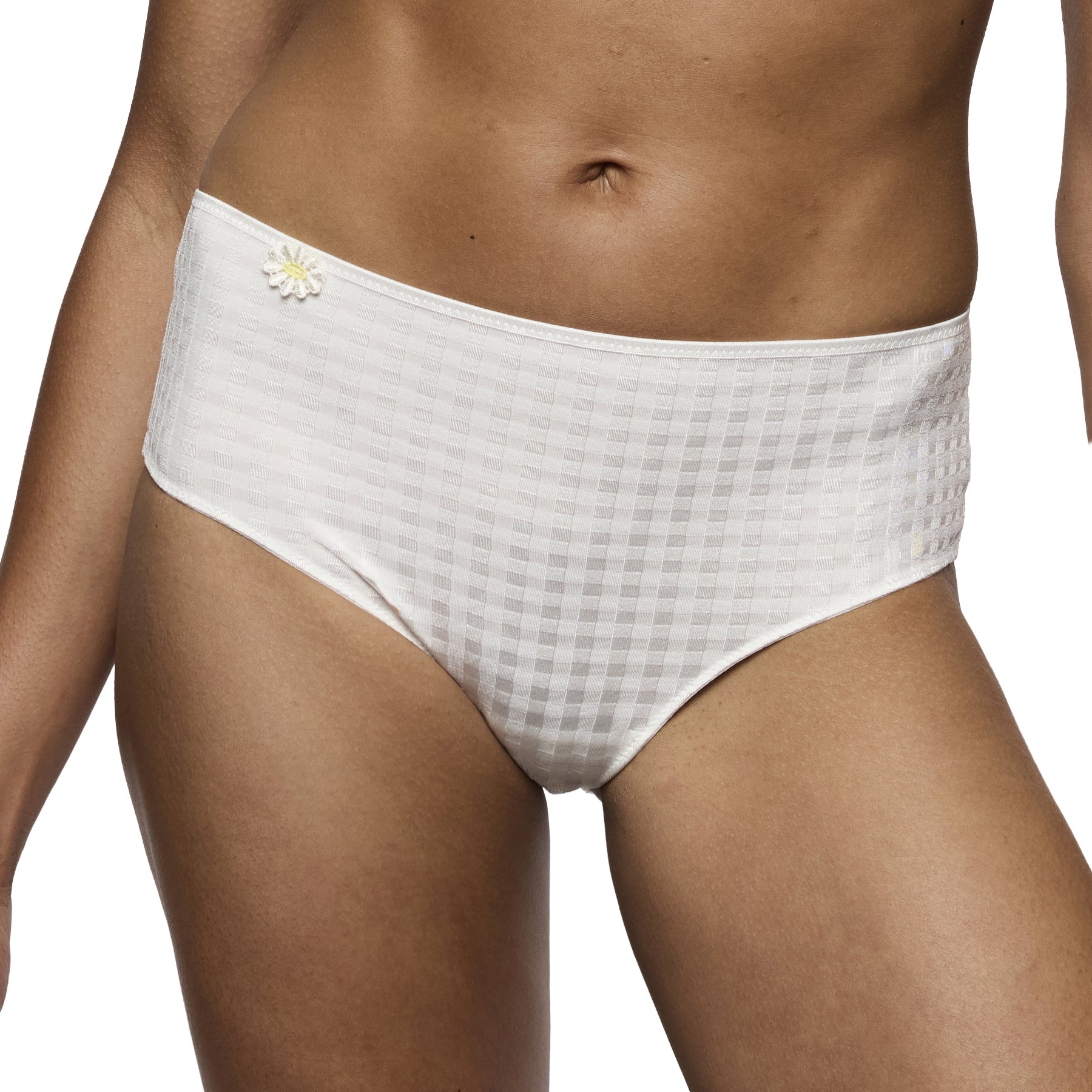 Close-up front view of an ivory full brief showing the check-textured fabric and clean, smooth leg openings.