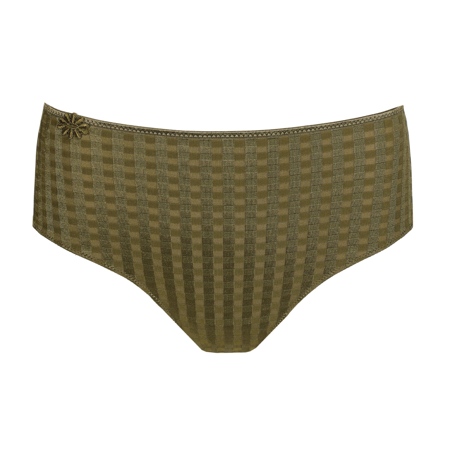 Olive green high-waisted brief with a subtle sheer checkered pattern and floral detail at the waistband.