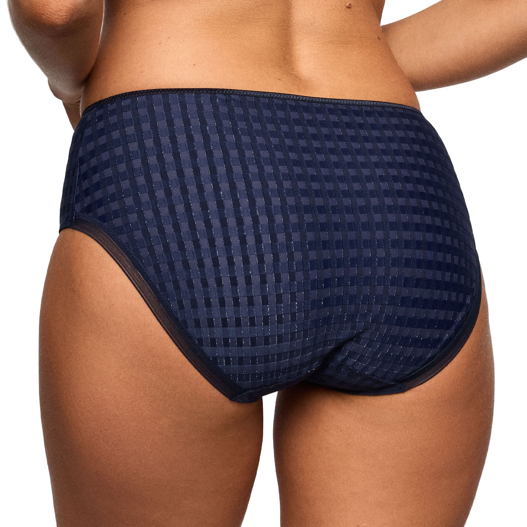 Marie Jo Avero Full Brief in Velvet Blue featuring the iconic checked fabric, subtle shimmer accents, and full coverage for a smooth silhouette.