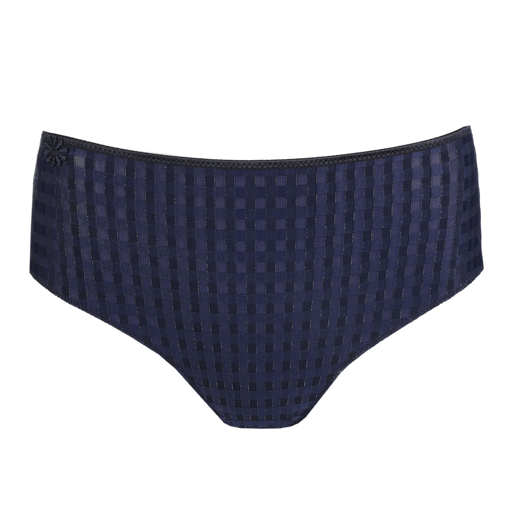 Marie Jo Avero Full Brief in Velvet Blue with signature checked pattern, elegant daisy embroidery, and comfortable full-coverage design.