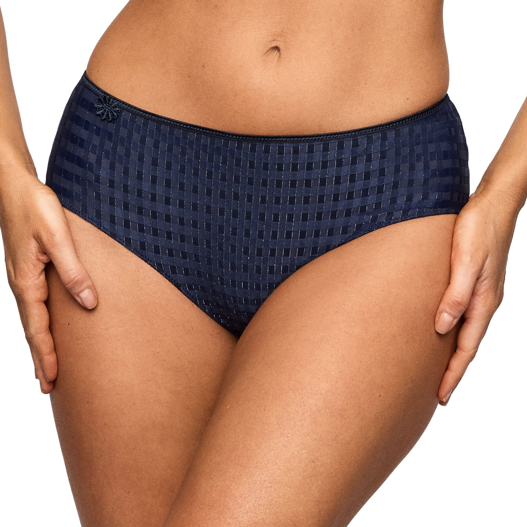 Close-up of the Marie Jo Avero Full Brief in Velvet Blue showcasing the luxurious checked fabric, flattering waistband, and refined finish.