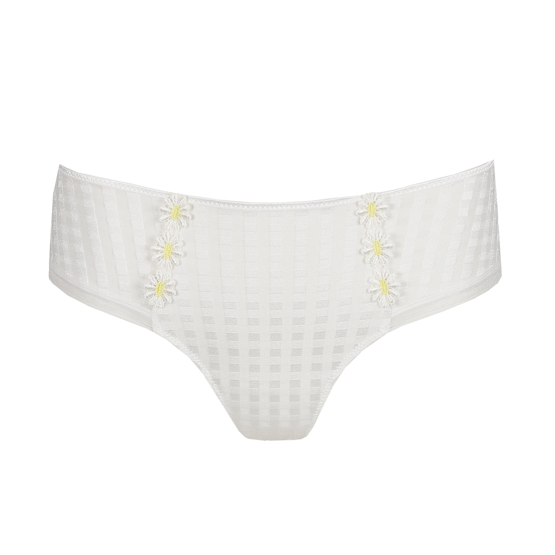 Ivory briefs laid flat on a white background featuring a subtle textured fabric and daisy embroidery at the front.