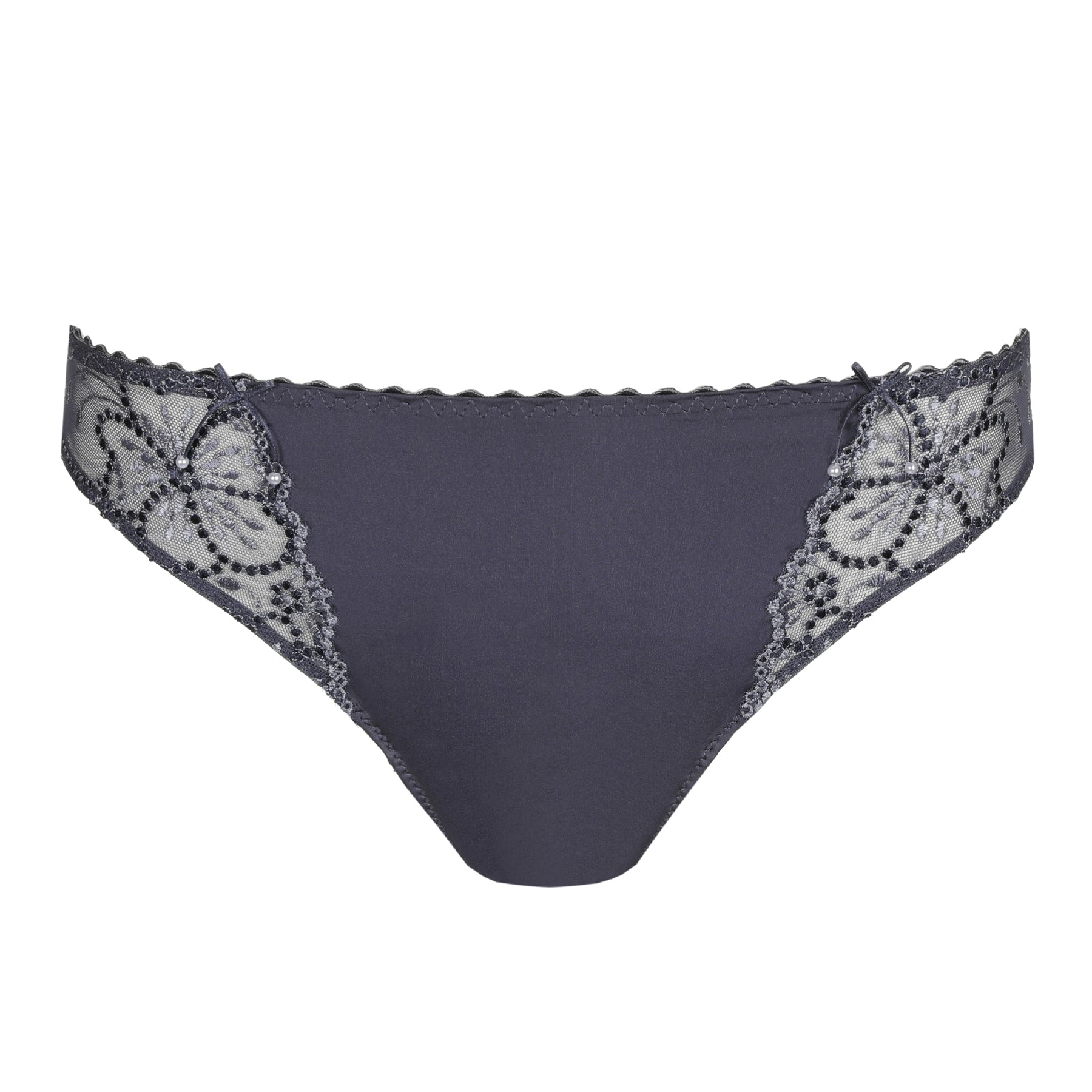 Front view of Blue Shadow thong with sheer floral lace embroidery at the sides.