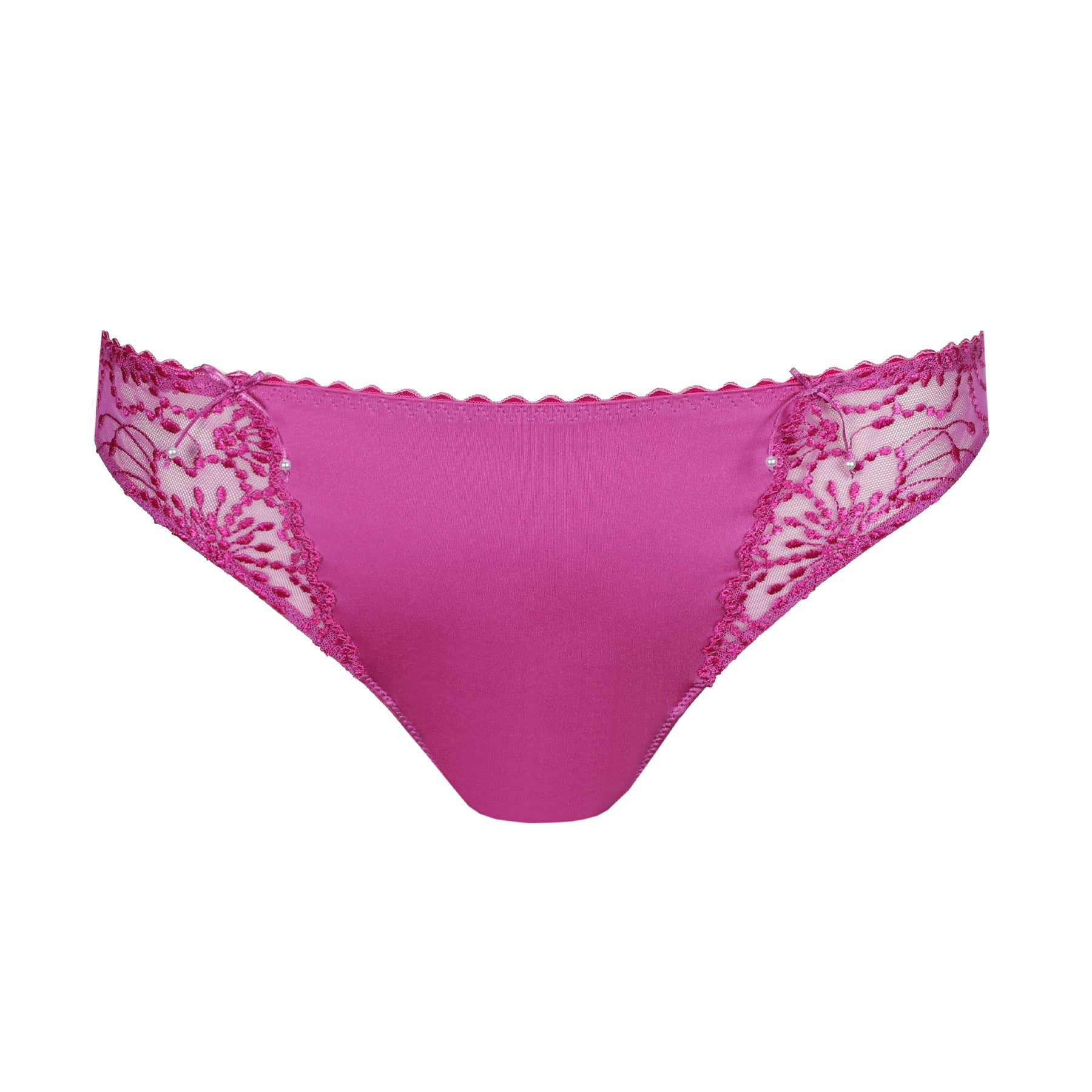 Front view of fuchsia lace rio brief with smooth satin front and decorative lace side panels on white background.