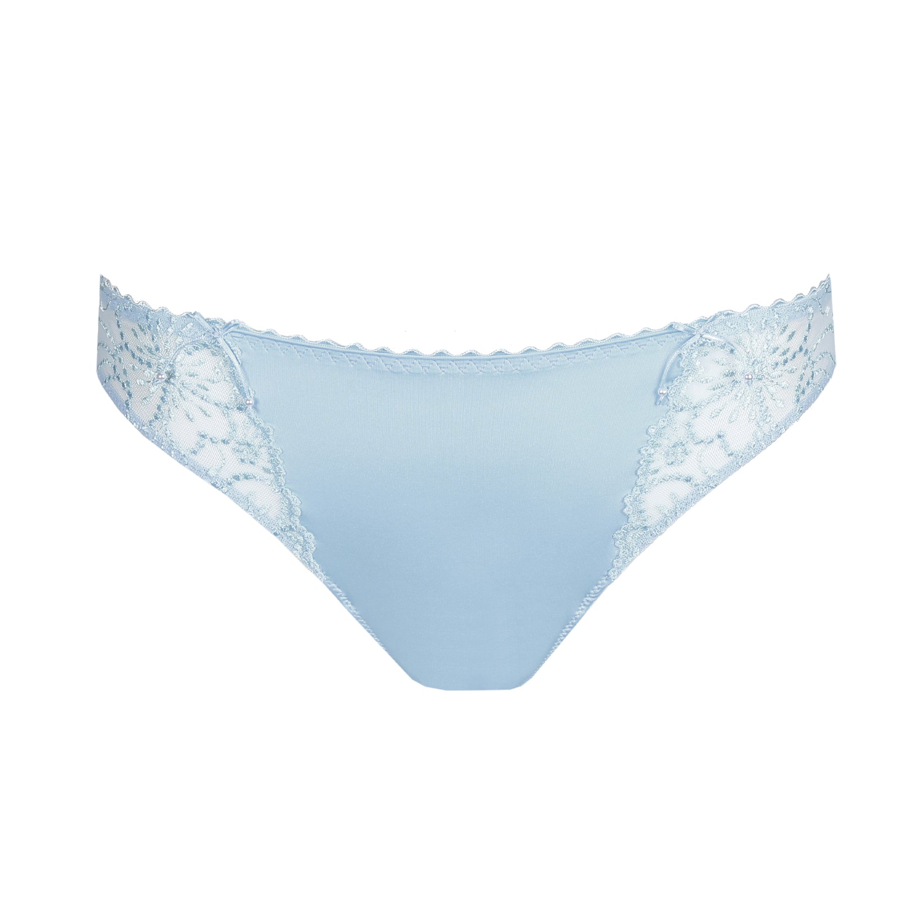Milky blue bikini brief with smooth satin front panel and delicate floral lace sides