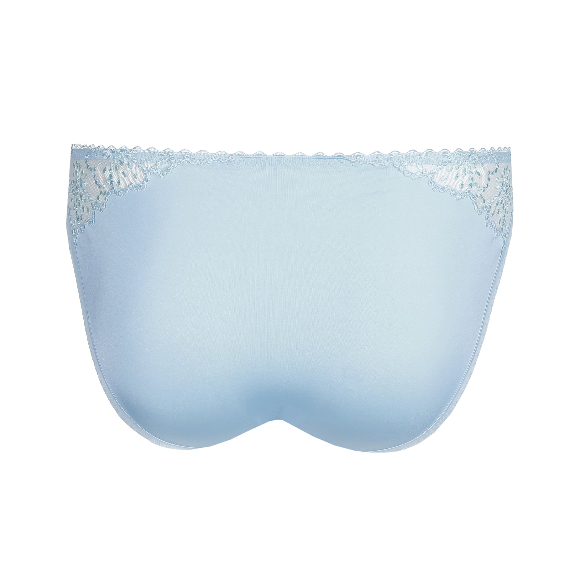 Milky blue bikini brief back view with soft seamless finish and lace trim detailing