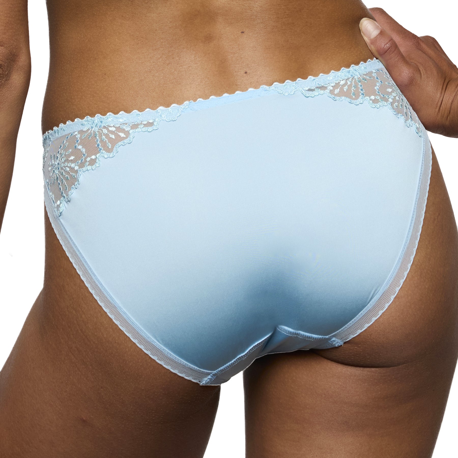 Milky blue bikini brief on model back view with full coverage and lace panel accents