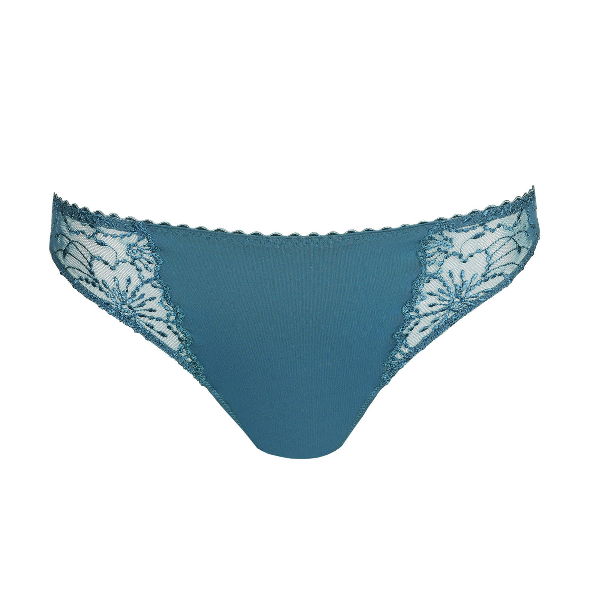 Peacock teal brief with a smooth front panel, sheer embroidered lace sides and delicate scalloped trim.