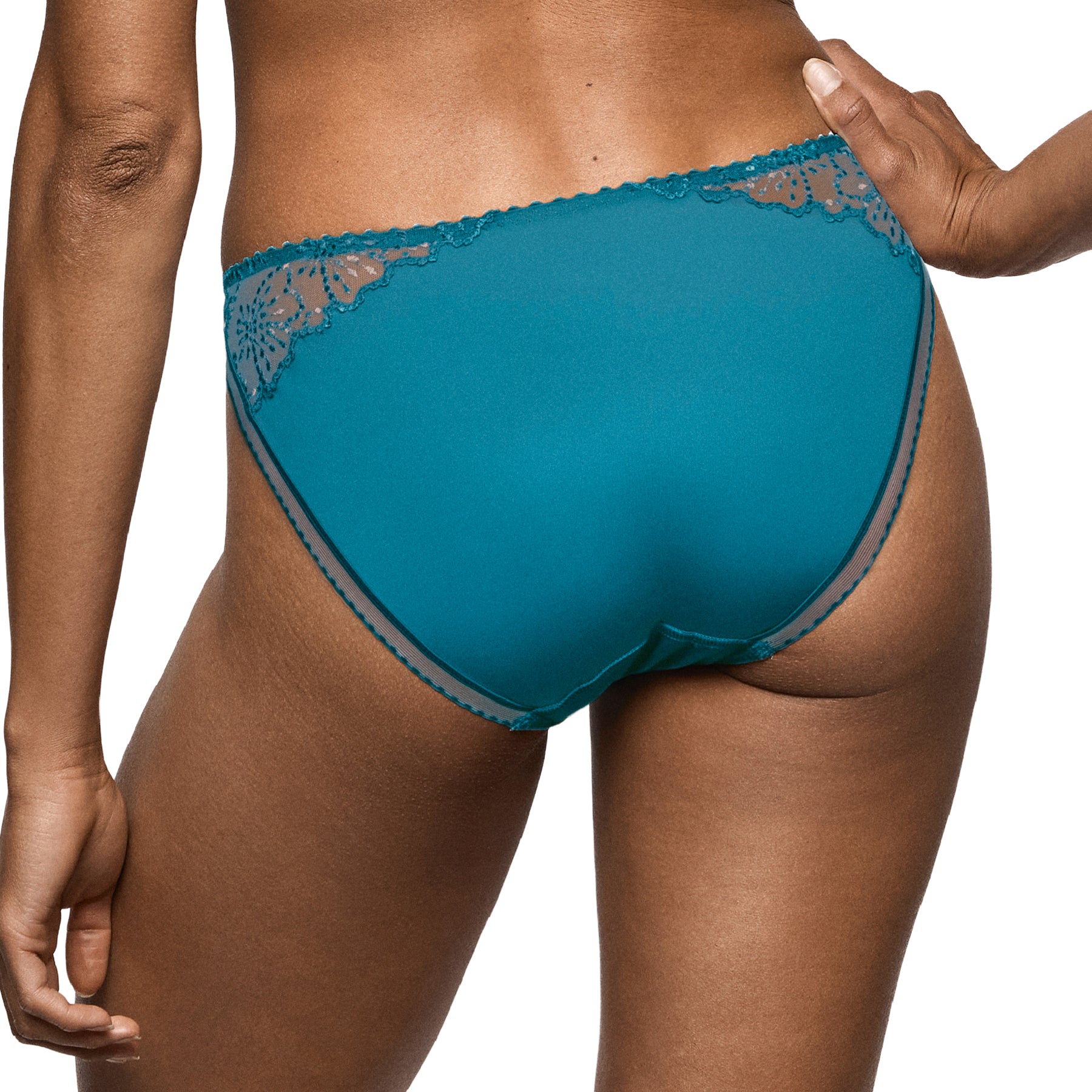 Back view of a peacock teal brief with smooth full coverage and delicate sheer lace accents along the waistband.