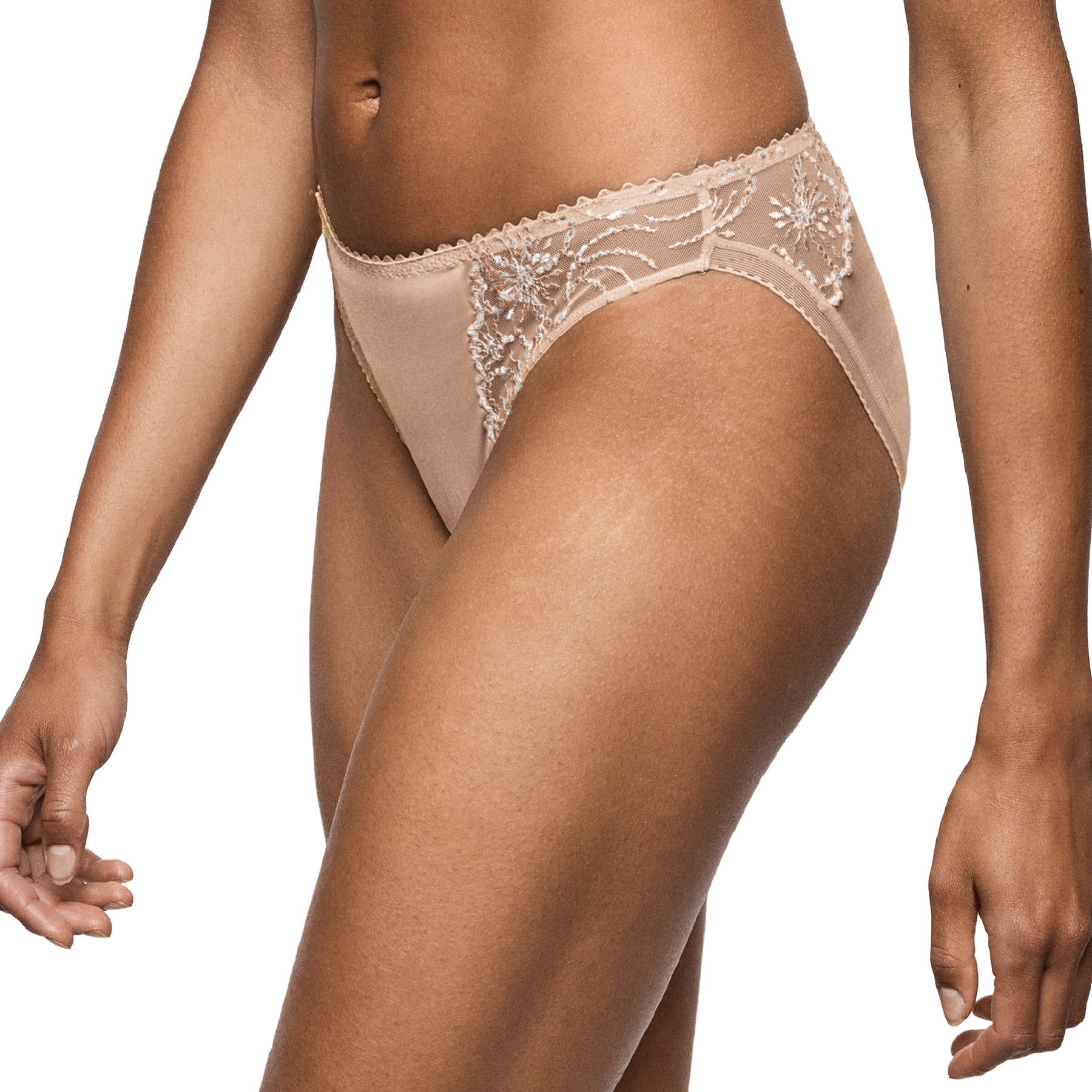 Marie Jo Jane Rio brief in Sand featuring smooth microfiber fabric, delicate floral embroidery panels, and a flattering mid-rise fit.